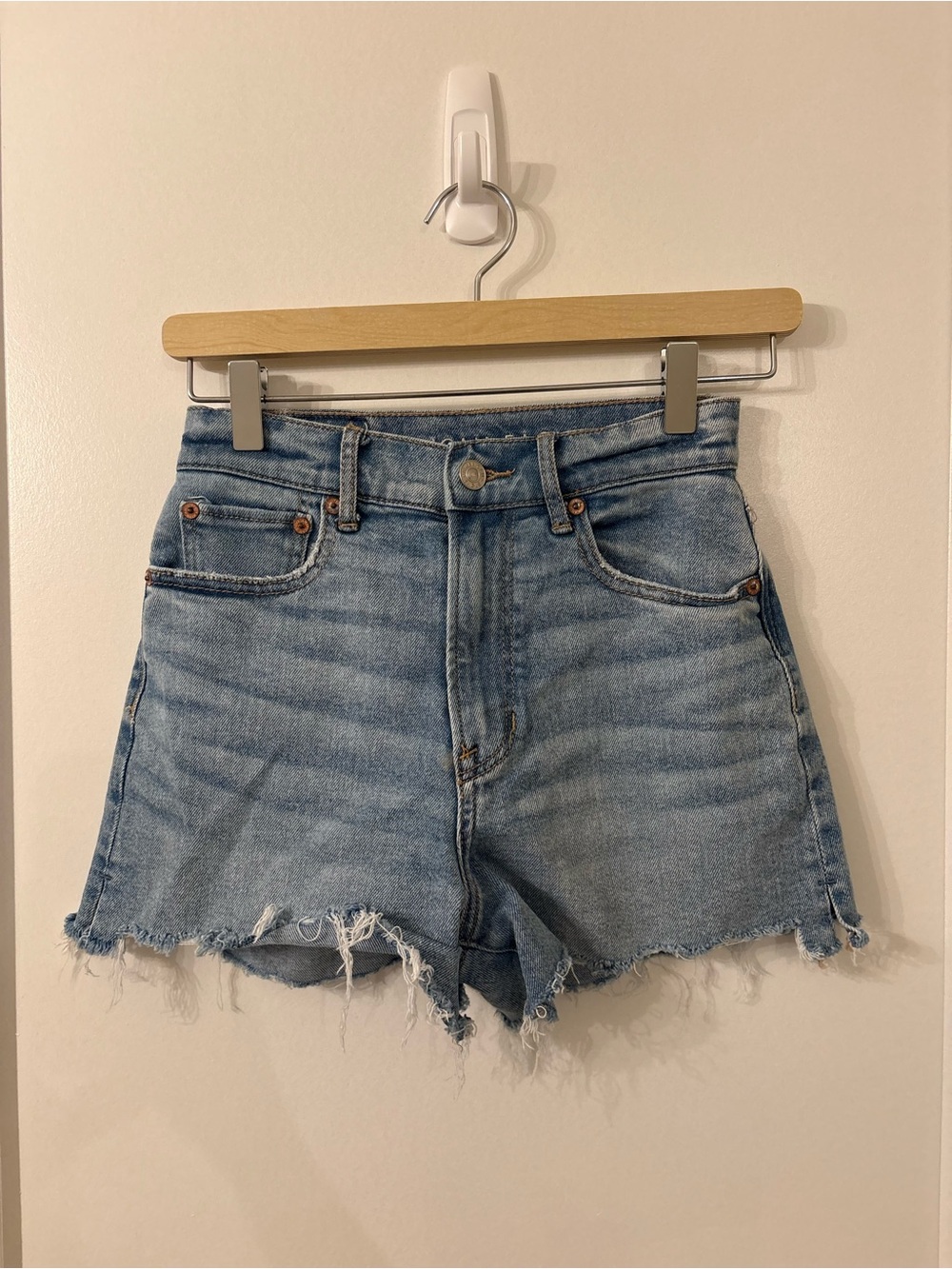 American Eagle Outfitters Light Blue High-Rise Frayed Denim Shorts